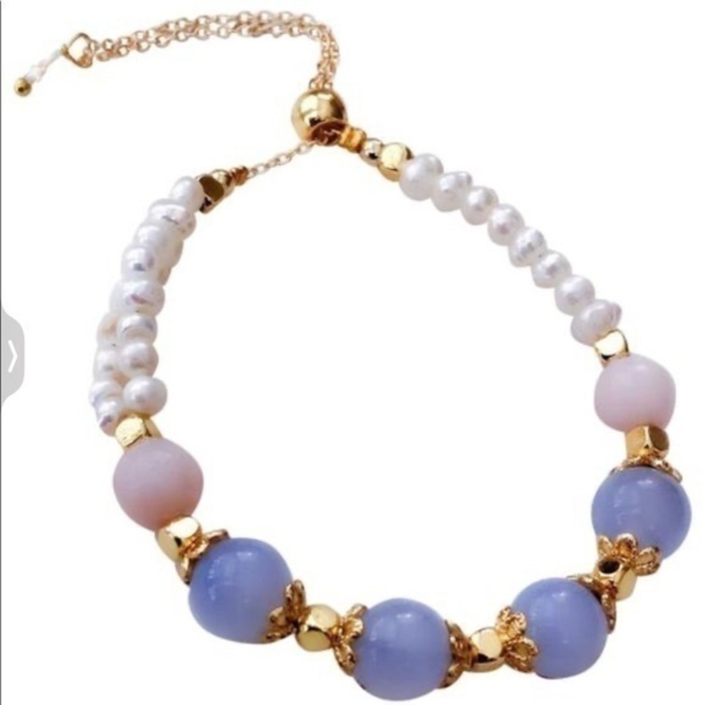 - 14K GP Blue Lace Agate & Pink Morganite& Fresh water pearls bracelet A-9